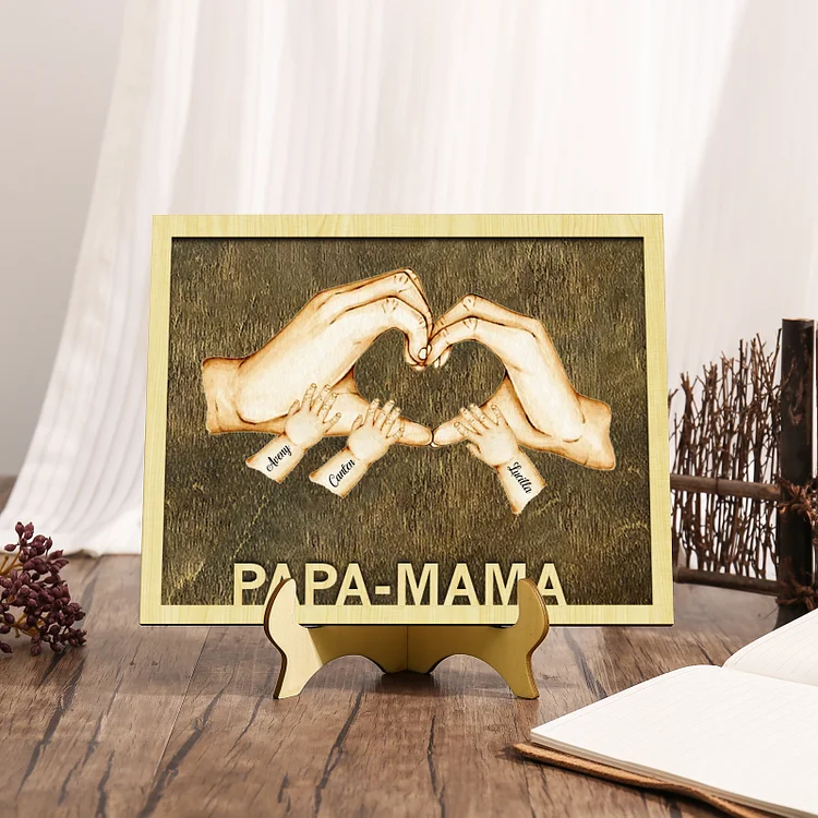 Kettenmachen PAPA-MAMA Holz Deko-Personalisierbare 3 Namen Ornament Familie Hand in Hand Holzdekoration für Eltern