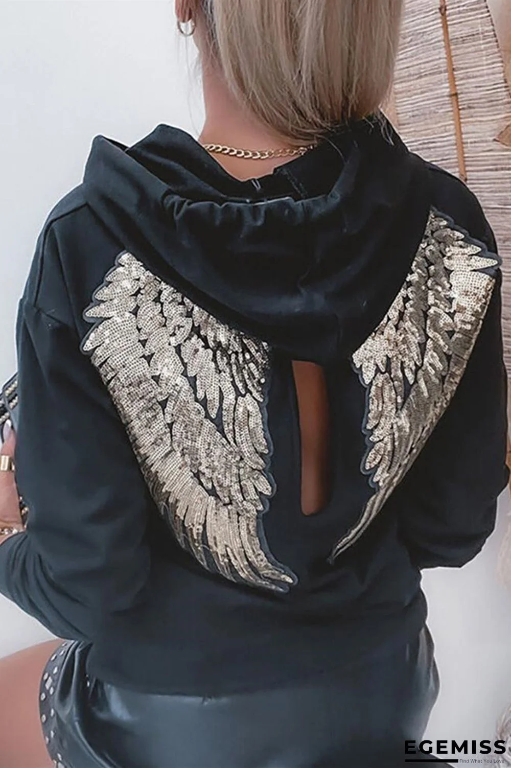 Black Casual Solid Hollowed Out Sequins Patchwork Hooded Collar Tops | EGEMISS