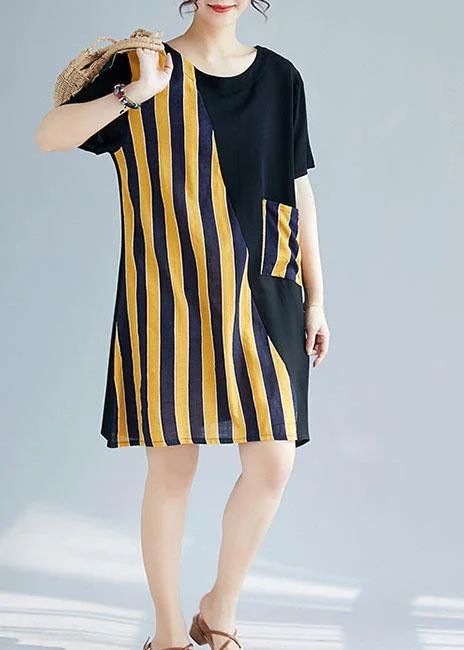French o neck patchwork Cotton clothes Photography black yellow striped Dresses summer