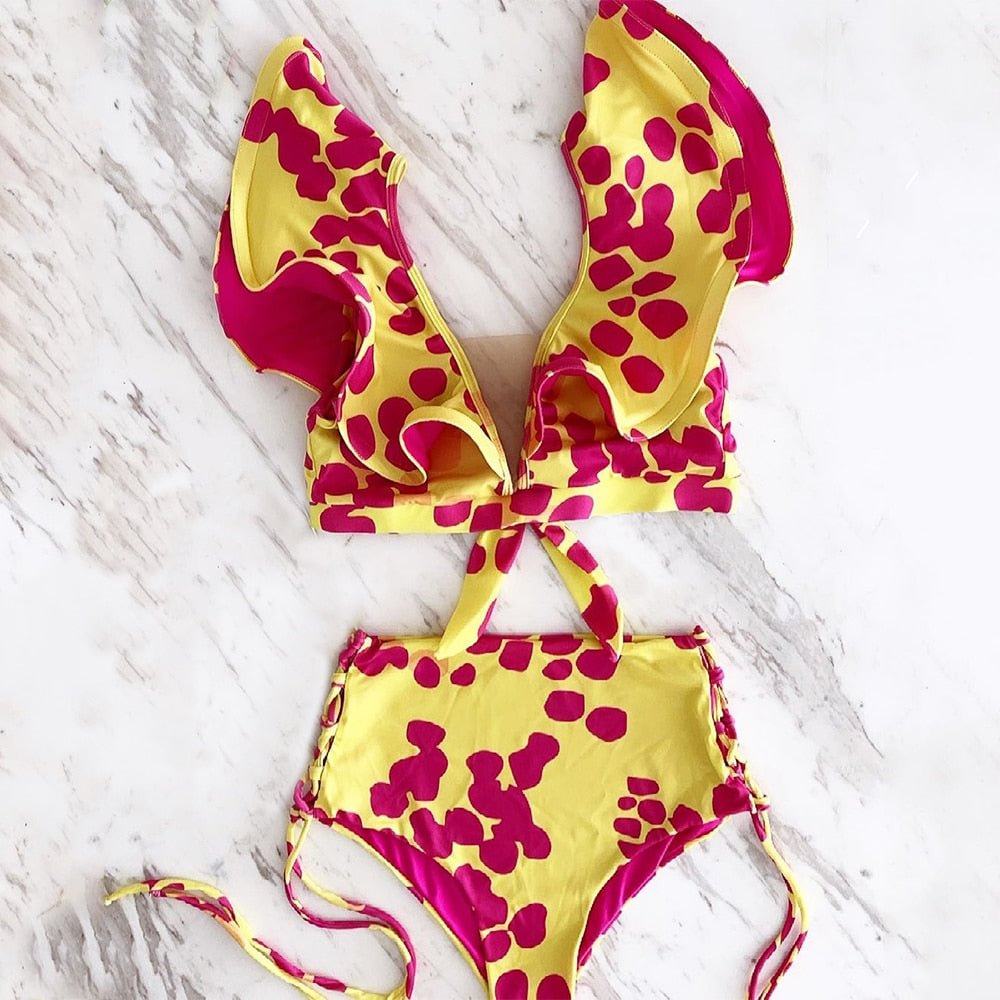 2021 New Sexy Bikini Set Women Floral Push Up Padded Net yarn Ruffles Bandage Swimsuit Swimwear Bathing Suit Beachwear Biquini