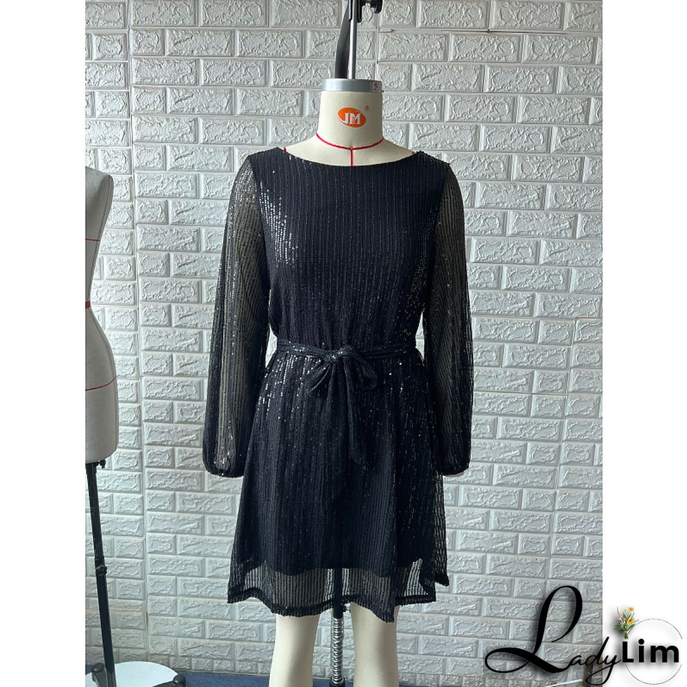 Women Casual Solid Lace-Up Sequin Embroidery Dress