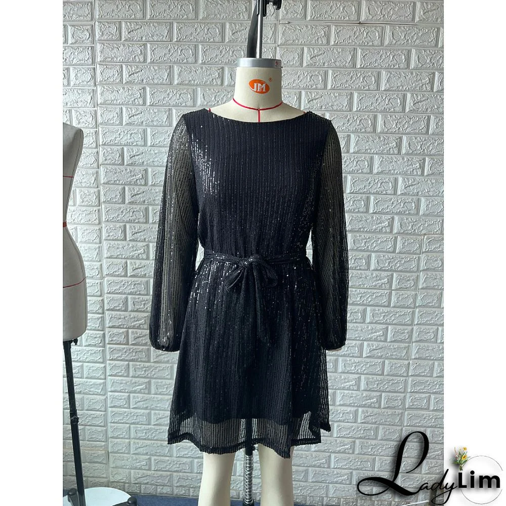 Women Casual Solid Lace-Up Sequin Embroidery Dress