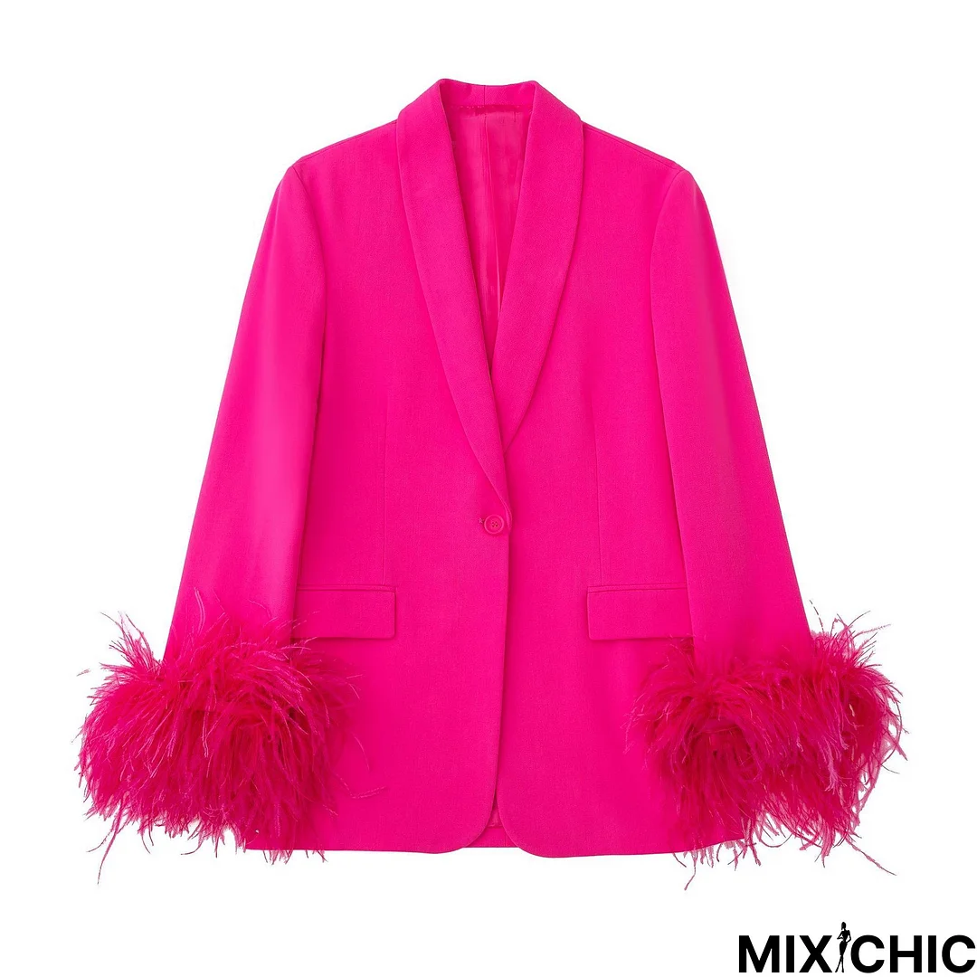 Autumn Feather Decoration Blended Straight Suit Coat High-waisted Trousers