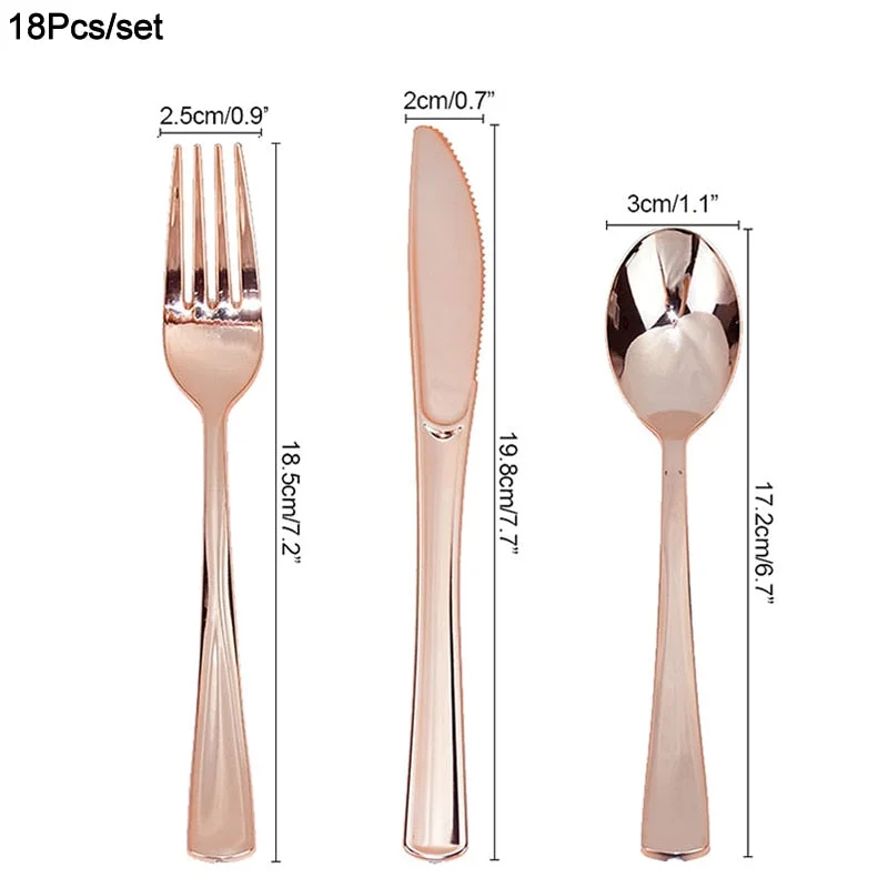 18Pcs Rose Gold Plastic Disposable Tableware Dessert Knives Forks Spoon Wedding Birthday Party Decoration Supplies Cutlery Set