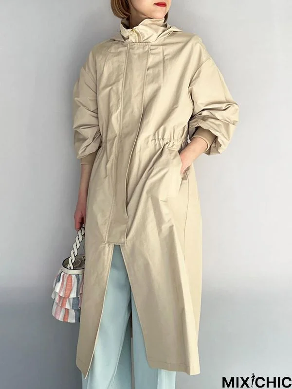 Loose Long Sleeves Drawstring Solid Color Zipper Hooded Trench Coats Outerwear