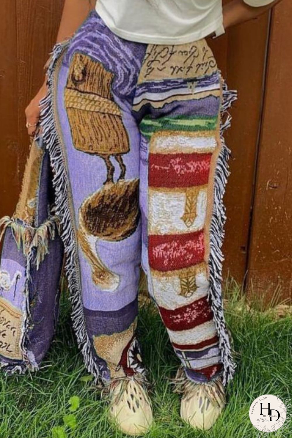 Sky Blue Casual Print Tassel Patchwork Regular High Waist Conventional Full Print Trousers