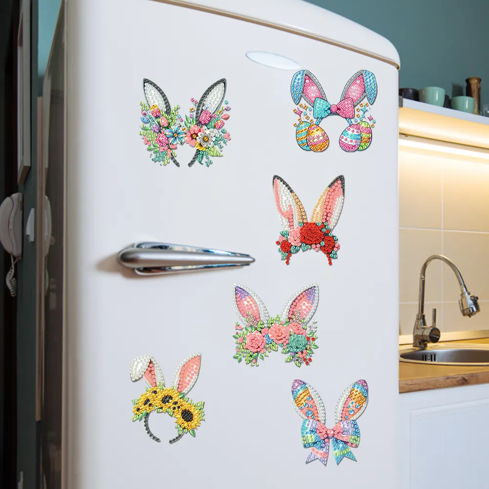 6Pcs Easter Rabbit Ears Diamond Painting Fridge Magnet for Adults Beginners