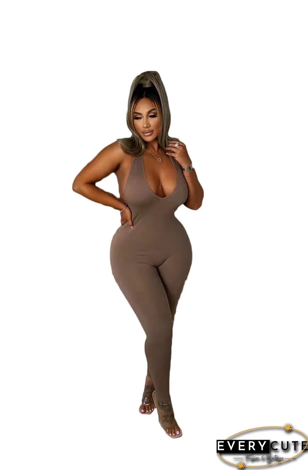 Solid Bodycon Halter Backless Sportswear Basic Jumpsuit