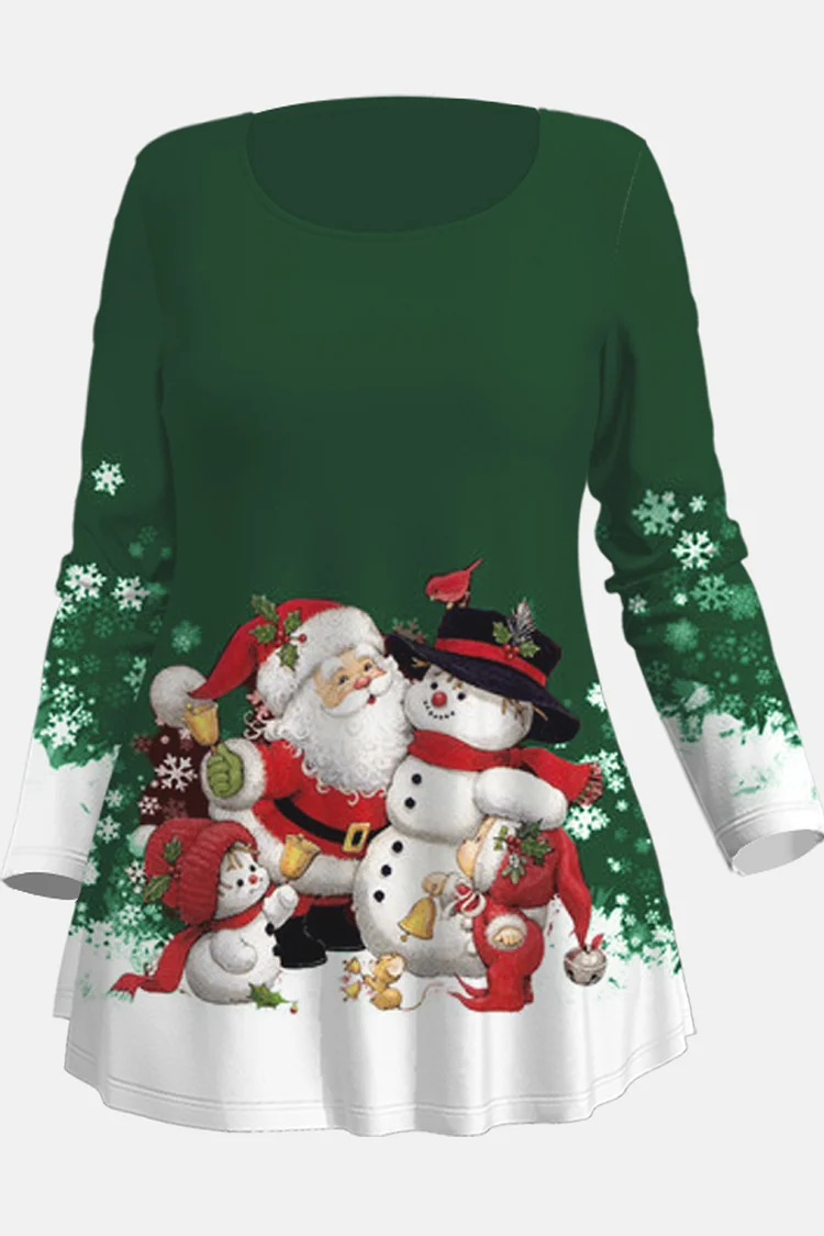 Flycurvy Plus Size Christmas Green Santa Claus Snowman Ombre Snowflake Print Long Sleeve T-Shirt  Flycurvy [product_label]