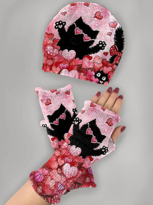 Vintage cat kitten print knitted hat + fingerless gloves set