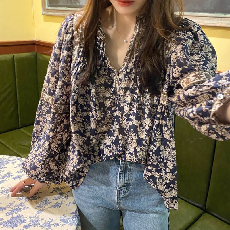 Blouses Women Spring 2021 Fashion Classic Print Aesthetic Tops Puff Sleeve All-match French Style Vintage Loose Design Artistic