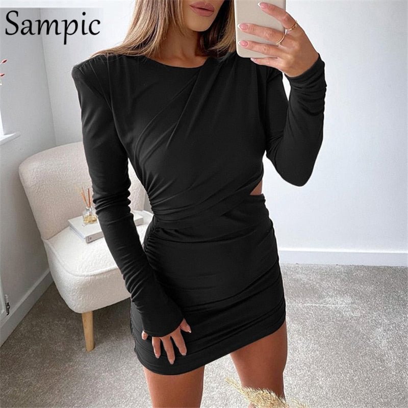 Sampic 2021 Brown Bodycon Mini Wrap Dress For Women Autumn Winter Hollow Out Sexy Club O Neck Party Black Long Sleeve Dress