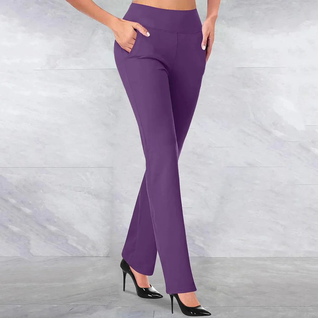Womens Dress Work Casual Pants Trousers Straight Full Length Pocket Stretchy Daily Black