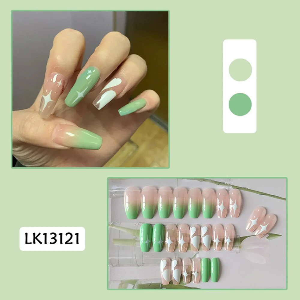 24PCS False Nails Long Glitter Love Heart Star Butterfly Crystal Press On Fake Nails Full Cover Wearable Finished French Nail