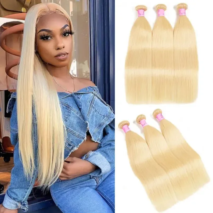 3 Pieces Straight Blonde Brazilian Virgin Human Hair Bundles