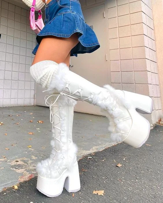 Breakj White Fur High Platform Boots High Chunky Heel Round Toe Mid Calf Boots Elegant Women Casual Outfit Winter Cross Tied Shoes
