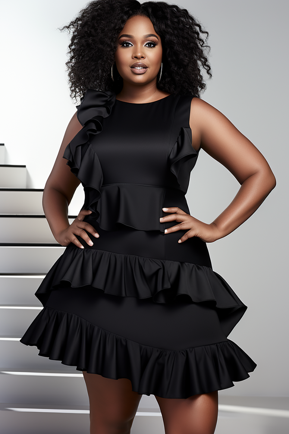 Design Plus Size Semi Formal Black Round Neck Ruffle Irregular Hem Knitted Mini Dresses [Pre-Order]
