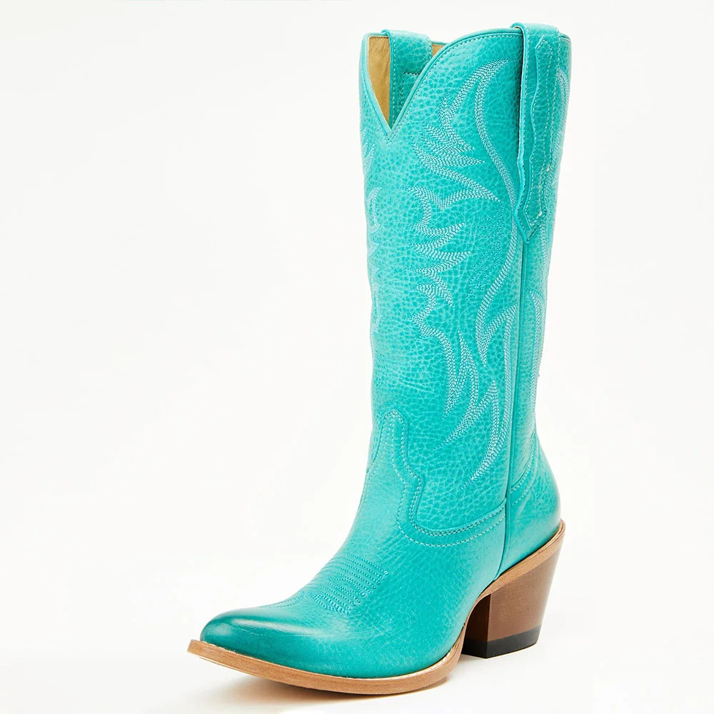 Turquoise Chunky Heel Embroidered Almond Toe Western Boots for Women
