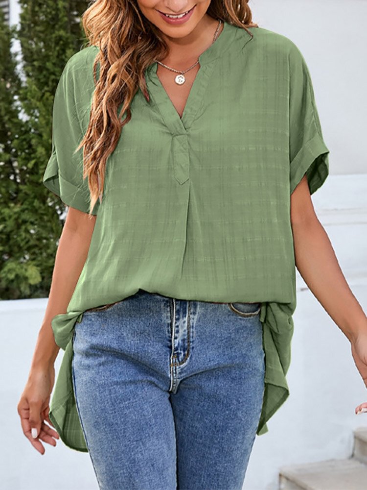 Solid Split Roll Sleeve High-Low Hem Casual Blouse