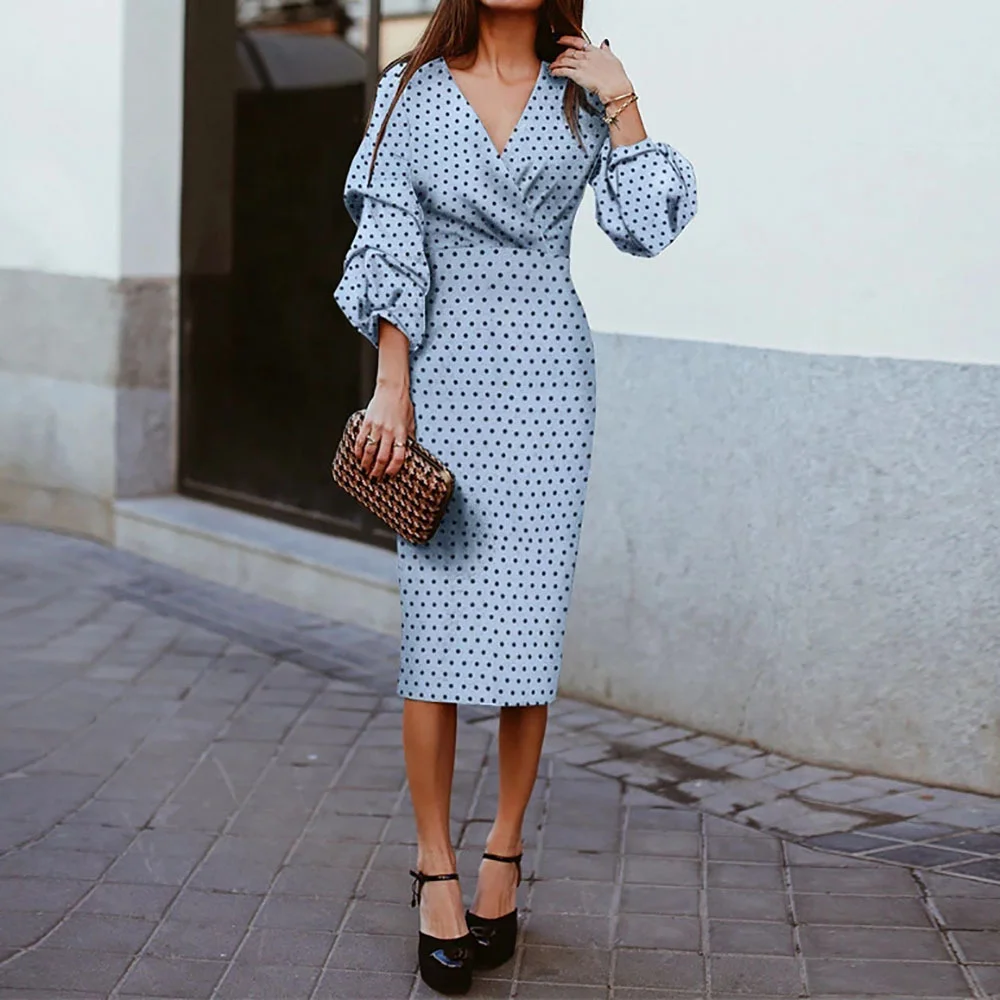 Women's Commuter V-Neck Slim Fit Polka Dot Print Long Sleeve Dress