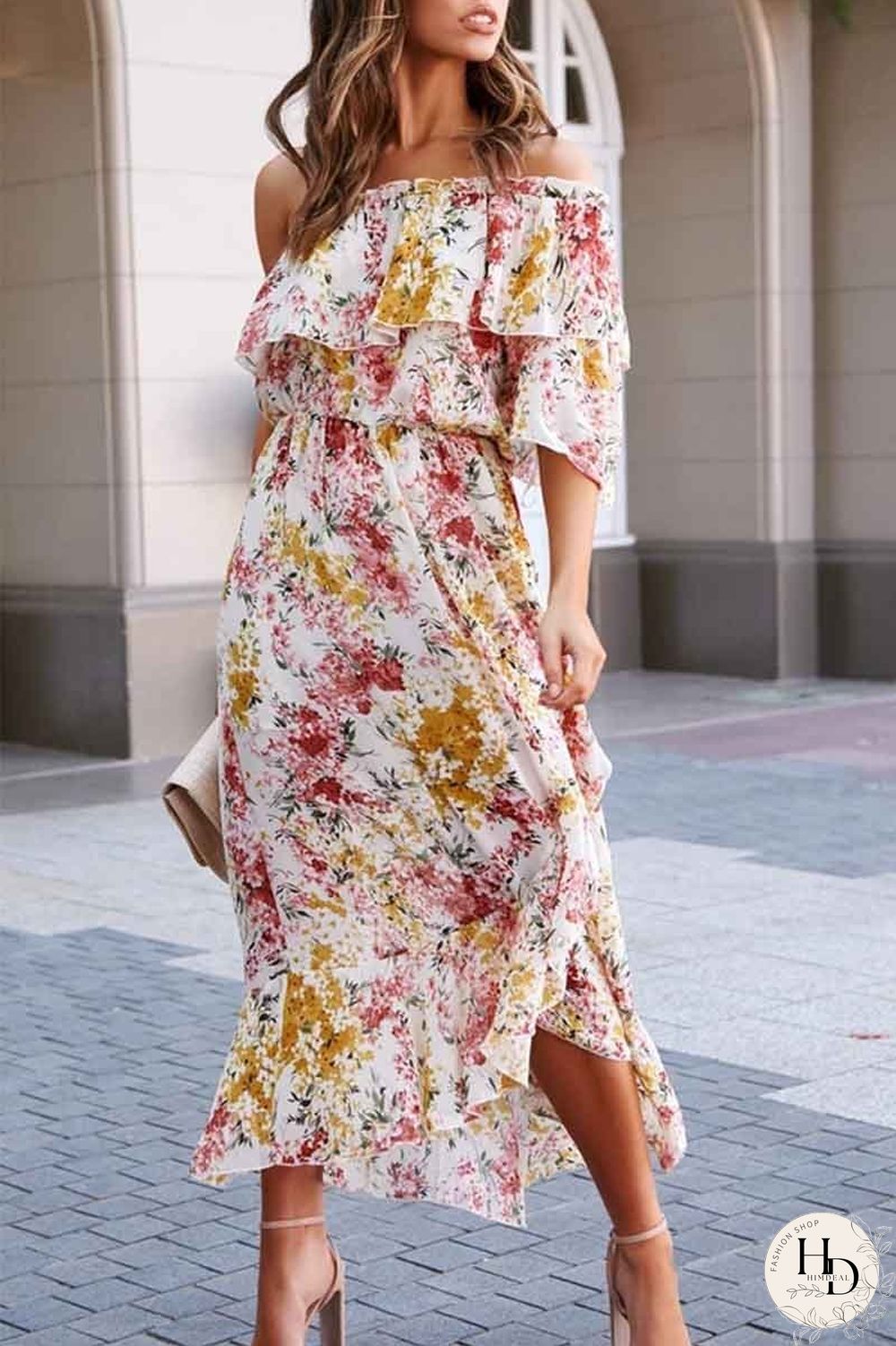 Off- shoulder Print Dress