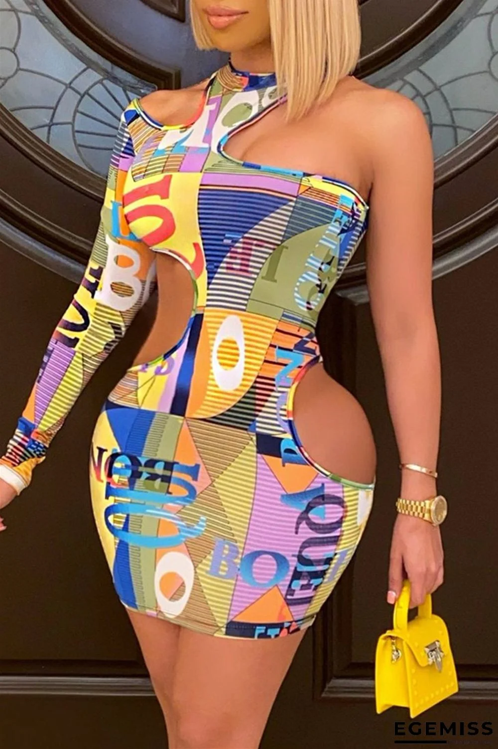 Yellow Sexy Letter Hollowed Out O Neck Long Sleeve Dresses | EGEMISS