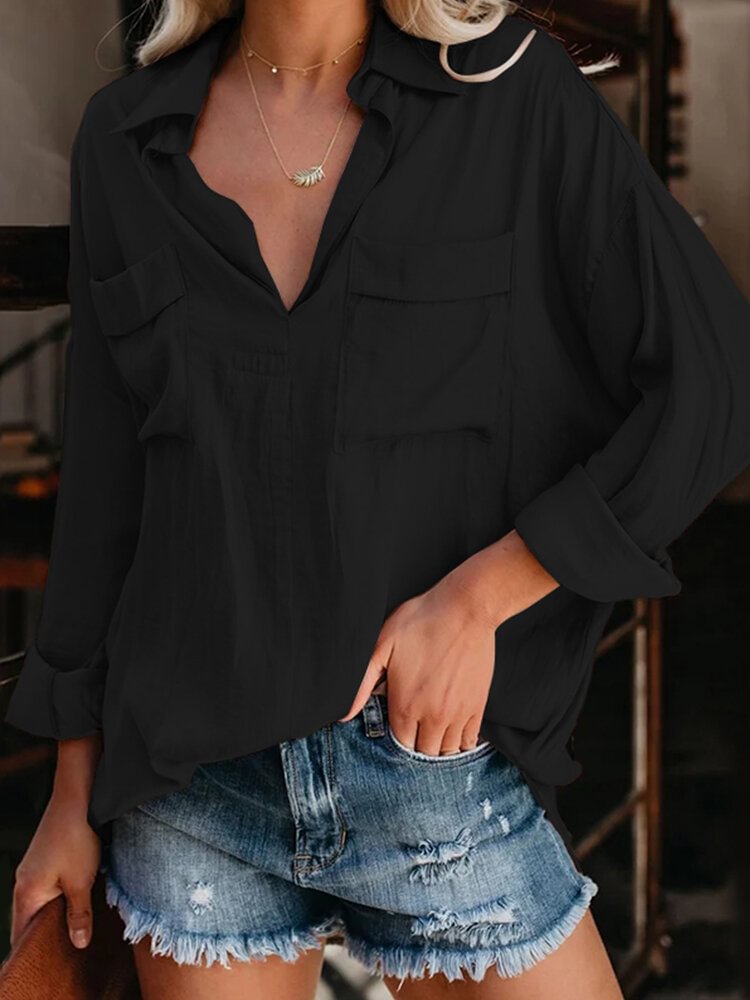 Solid Color Long Sleeve Lapel Collar Pocket Blouse For Women P1768677