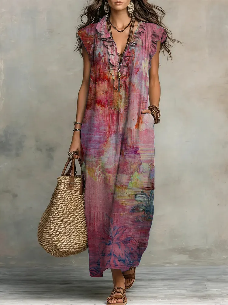 Vintage Oil Painting-print Cotton-linen Ruffled Dress