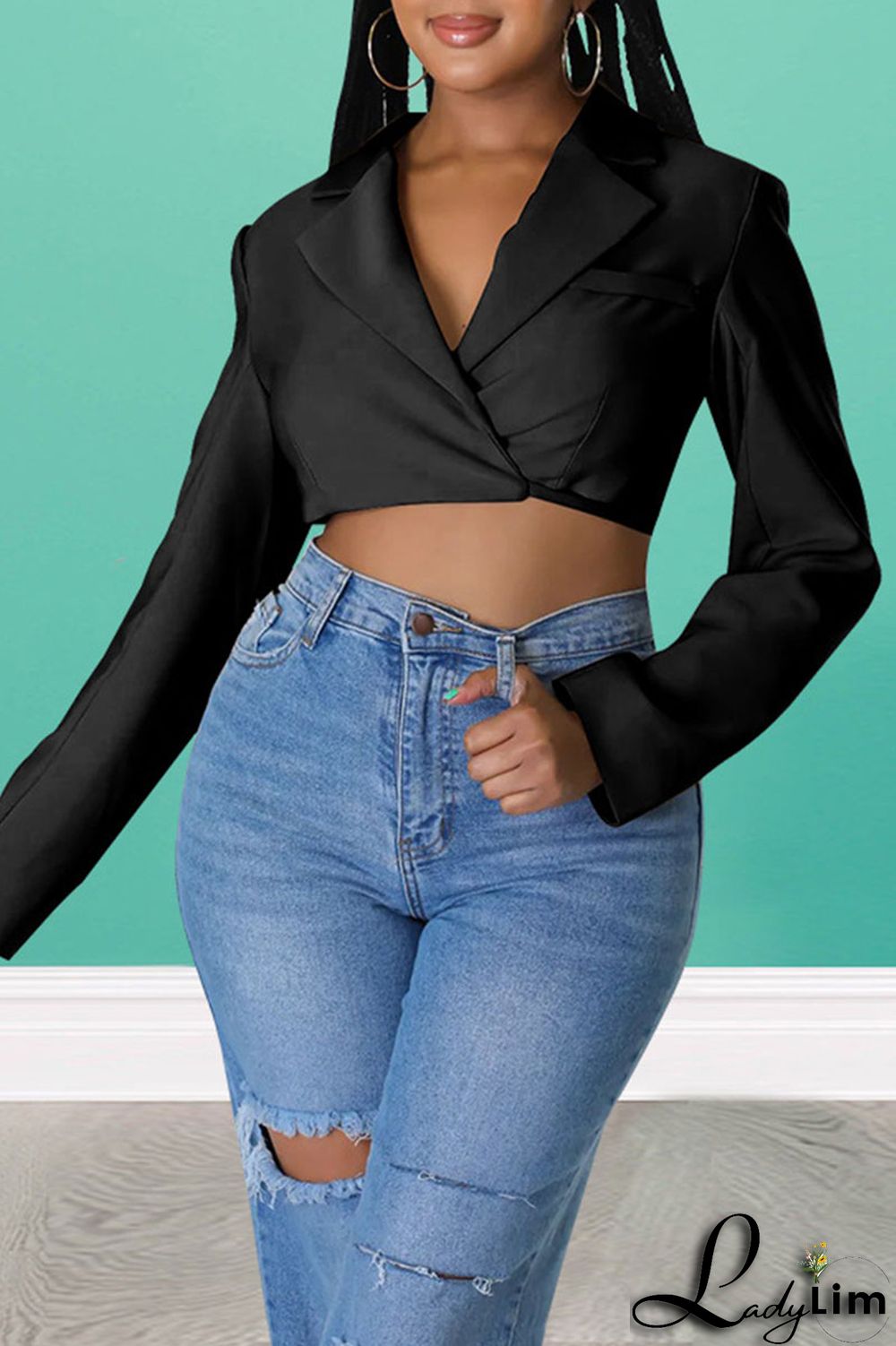 Black Casual Solid Bandage Patchwork Turn-back Collar Outerwear