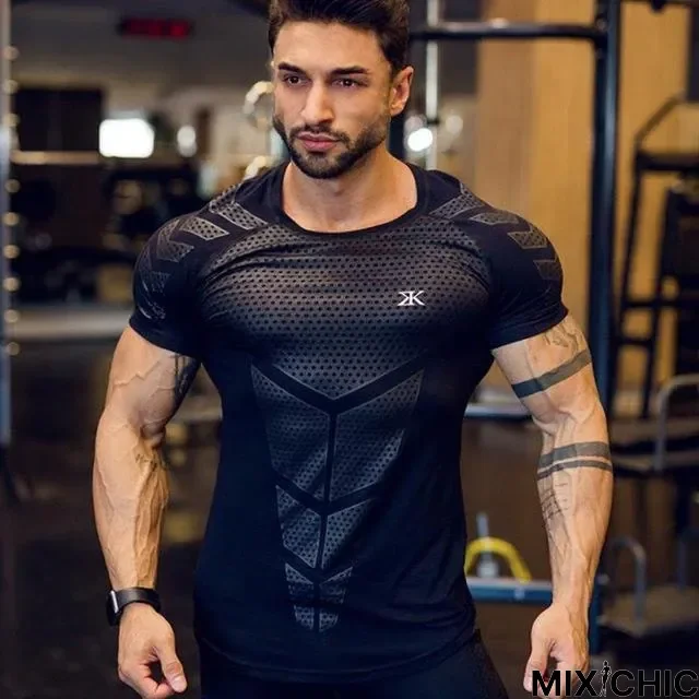 Mens T-Shirt Sporting Tee Shirt Male Gyms Fitness Bodybuilding Workout Black Tops Quick Dry Clothing