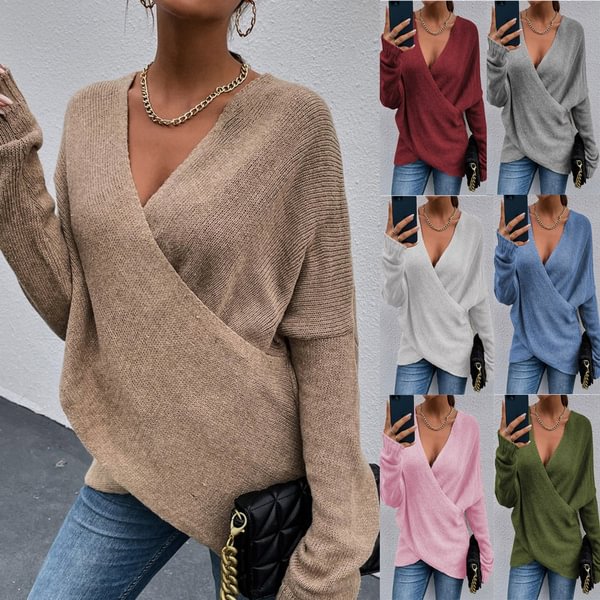 Women Autumn Winter Pullovers and Sweaters Cross V-neck Long Sleeve Knitted Sweater Tops Loose Fitting Jumper - Shop Trendy Women's Fashion | TeeYours