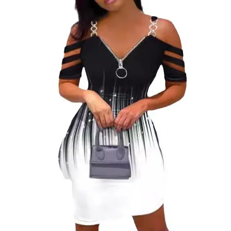 Wongn Wongn Summer Women's Sling Zipper V-Neck Print Casual Gradual Short Tight-Fitting Dress