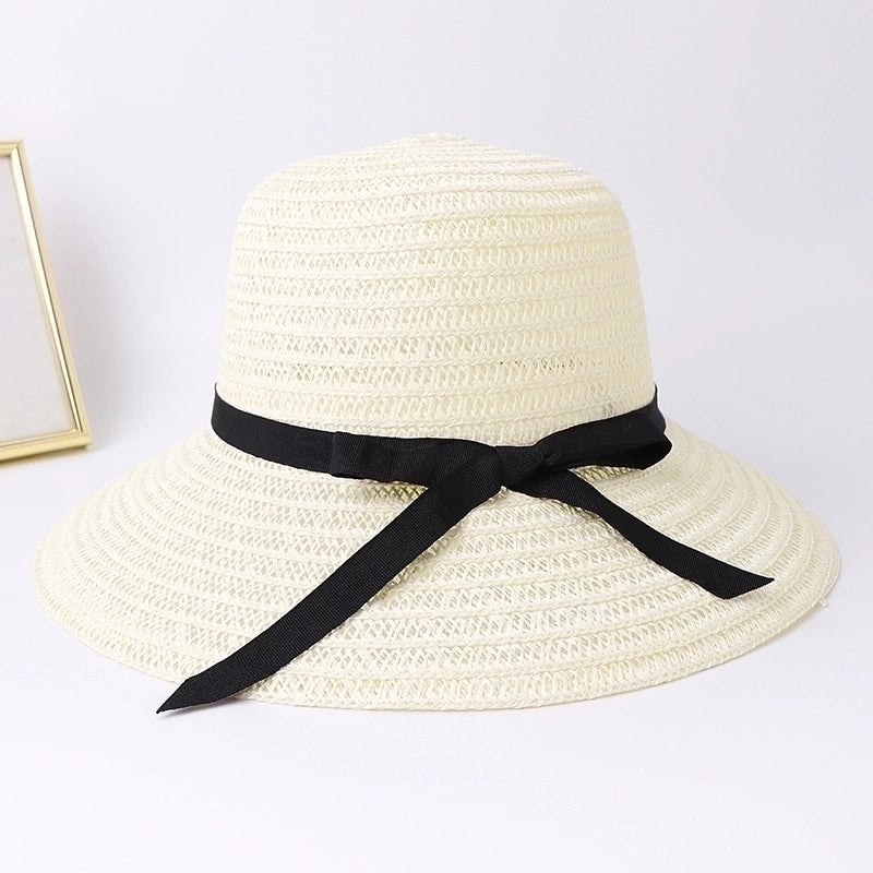 Women’s Pastoral Minimalist Solid Color Bowknot Big Eaves Straw Hat