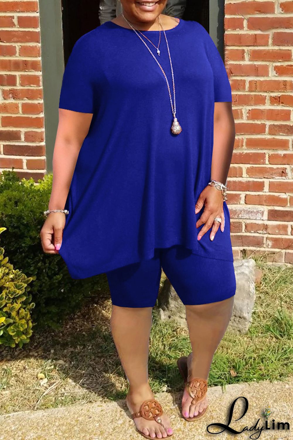 Grey Fashion Casual Solid Basic O Neck Plus Size Two Pieces