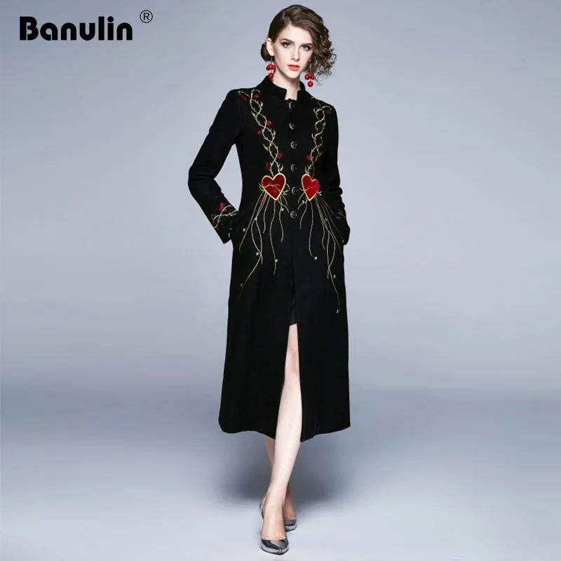 Wongn Runway Autumn Embroidery Flower Long Black Coat Women Winter Full Sleeve Stand Collar Slim Elegant Thicker Winter Coat