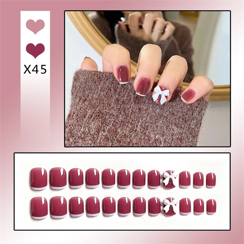 Bayuyun 24Pcs/Set Coffee Leopard French Fake Nails with Diamonds Japan Korean Artificial Acrylic Press on Nails Removable Stick on Nails
