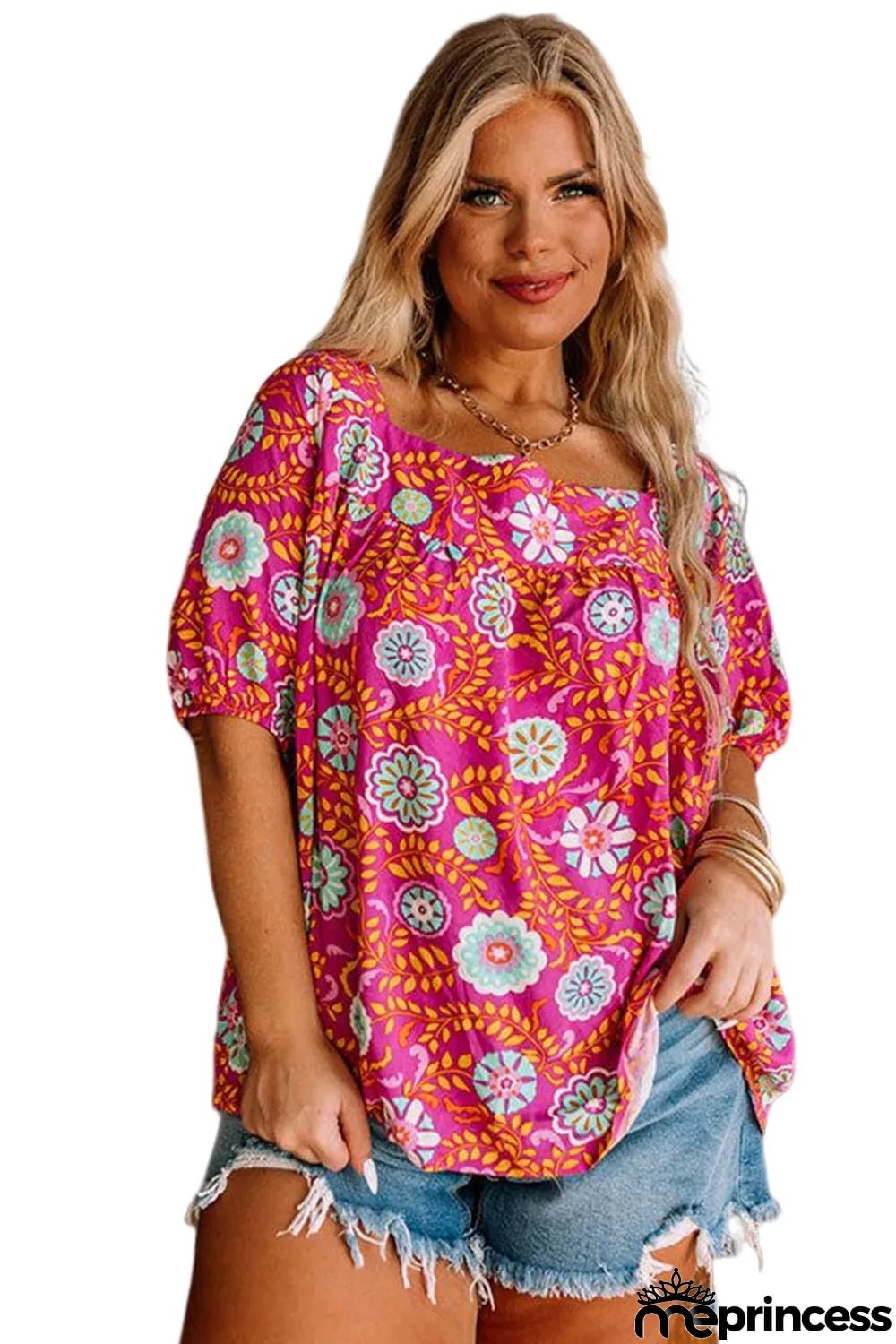 Rose Plus Size Floral Print Tie Back Blouse