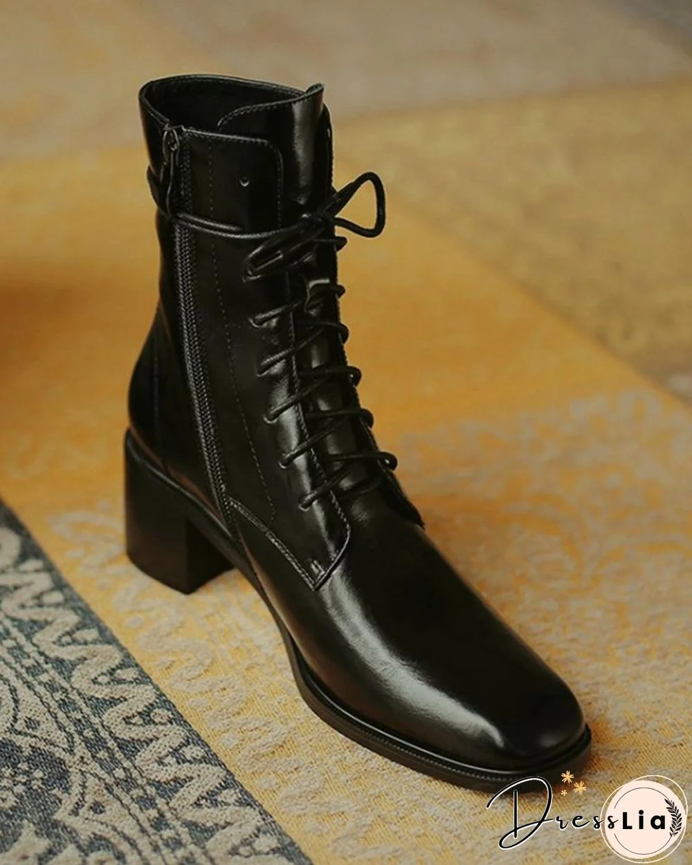 Pointed-toe Solid Color Lace-up Martin Boots