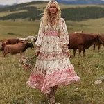 Women's Vintage Pink Rose Casual Linen V-neck Dress - Image 2