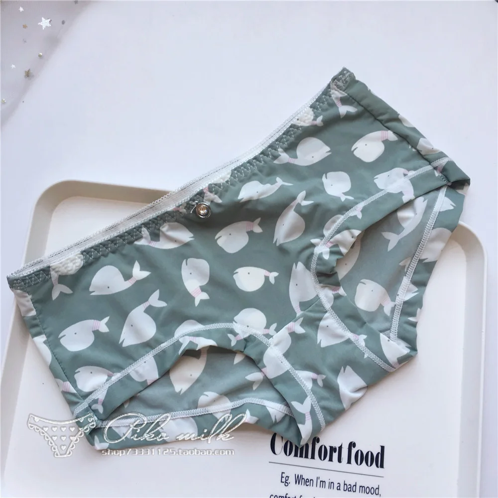 Billionm Colors Ice Silk Printing Cute Students Low Waist Cartoon Plaid Women's New Underwear Lolita Fruit Animal Fashion Panties Bow