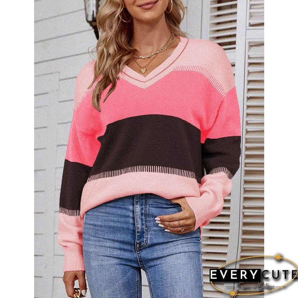 Pink Color Block V Neck Knit Sweater