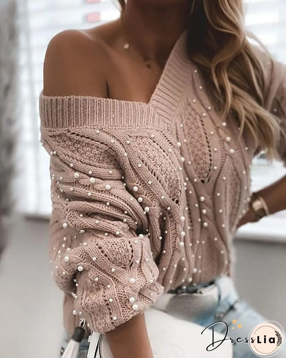 Beaded Long Sleeve Cable Knit Sweater P10185