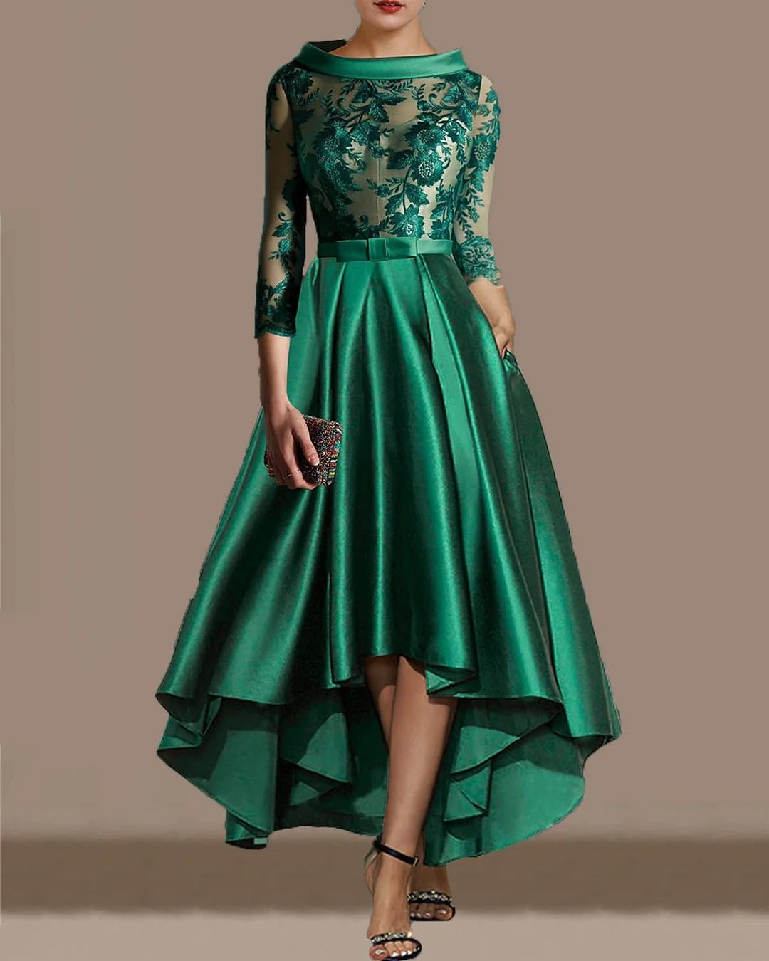 Elegant Green Embroidered Satin Dress