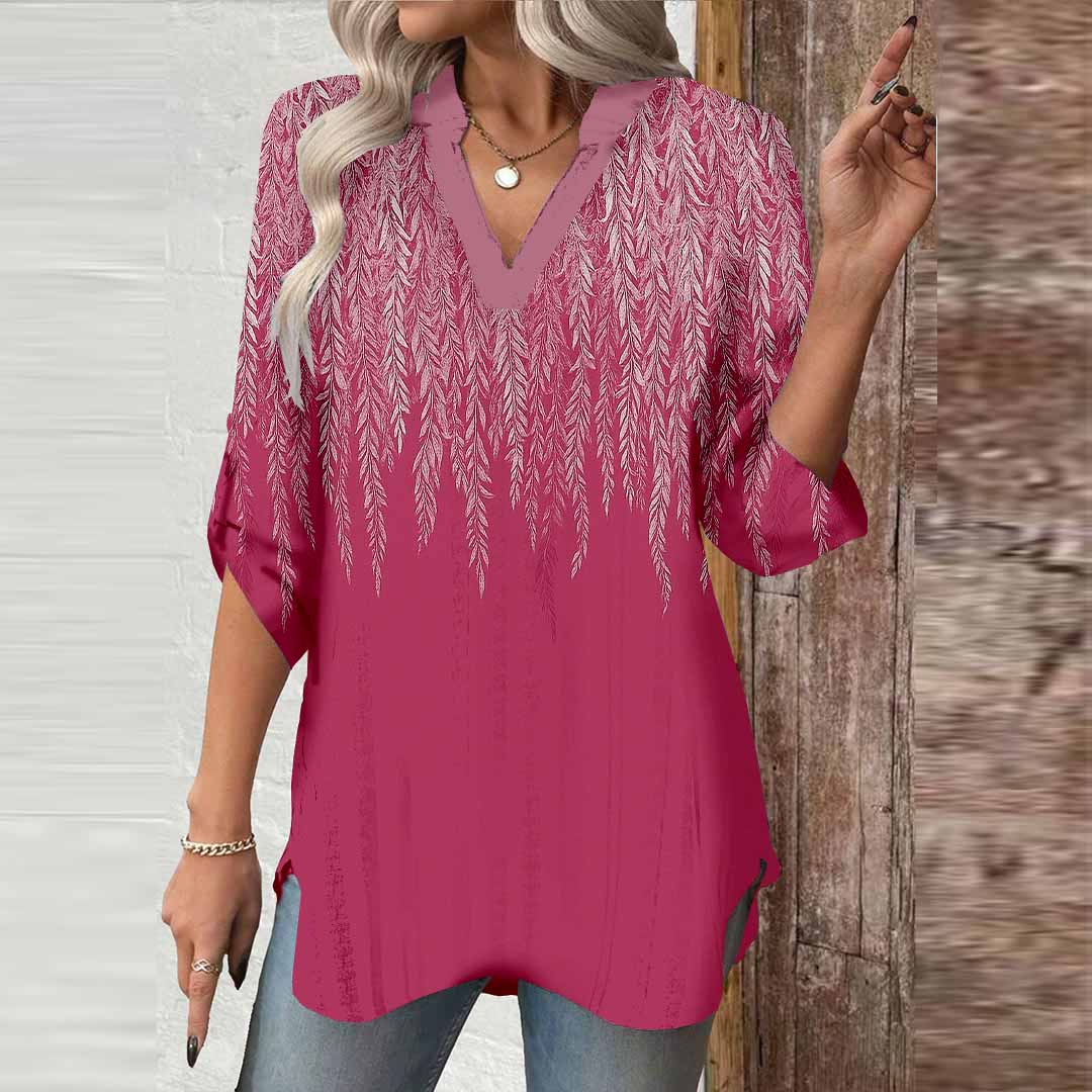 Women Floral,Red,White DZGA0632 3/4 Sleeve V-neck Printed Graphic Button Tops