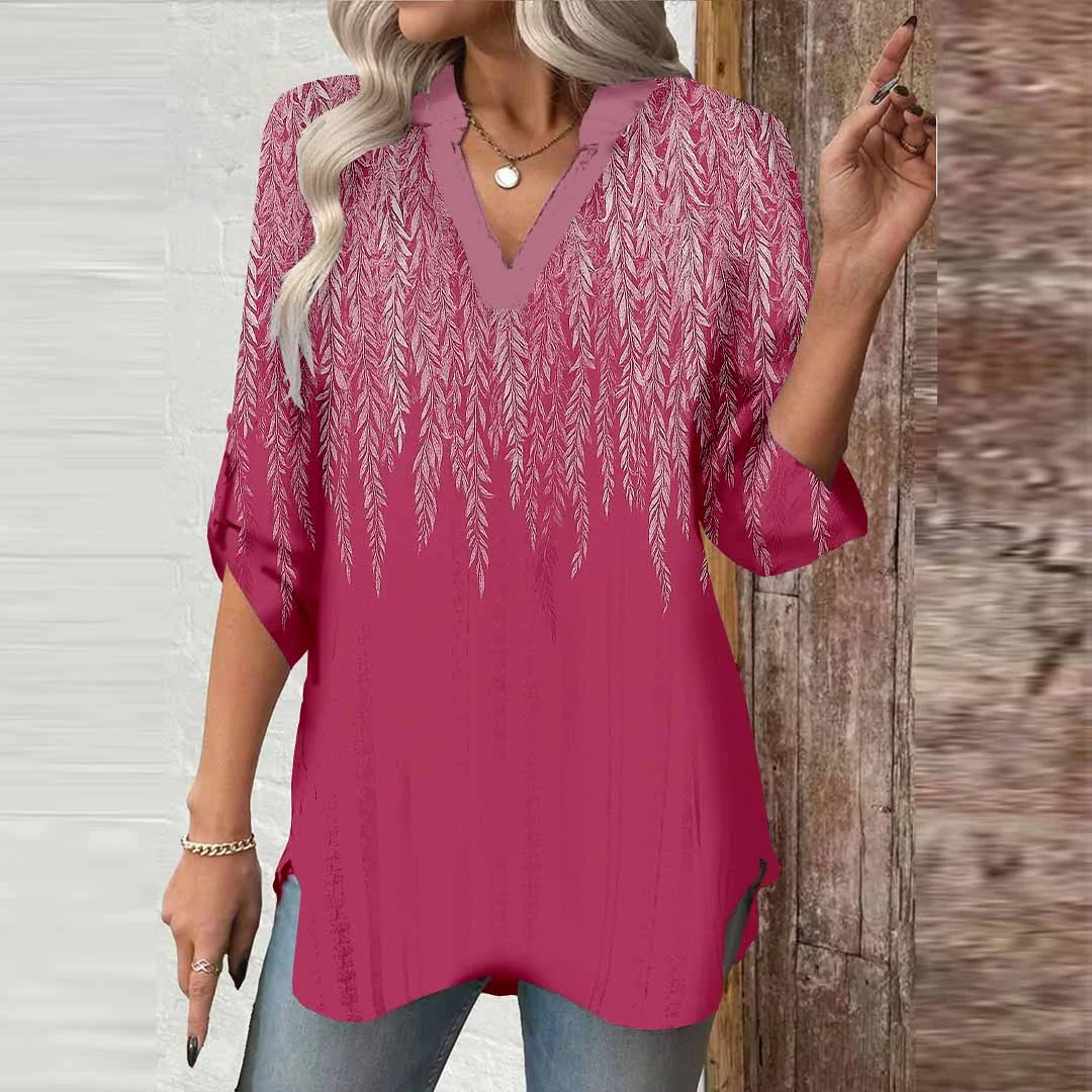 Women Floral,Red,White DZGA0632 3/4 Sleeve V-neck Printed Graphic Button Tops