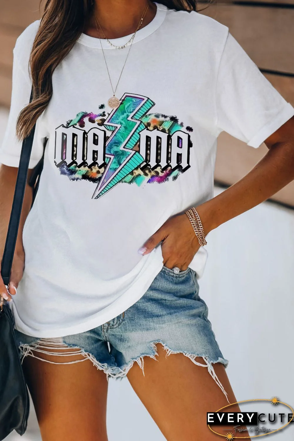 White MAMA Lightning Graphic Print Short Sleeve T Shirt