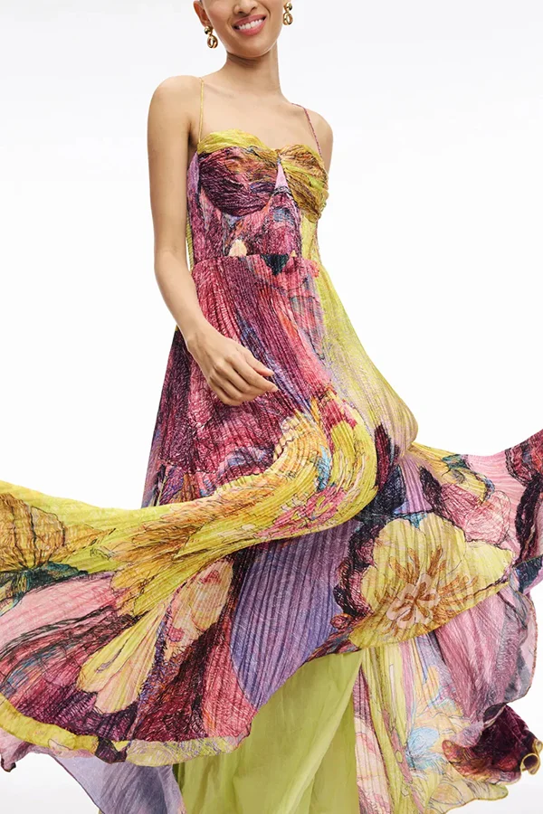 Vibrant and Bold Floral Print Sweetheart Neck Pleated Maxi Dress