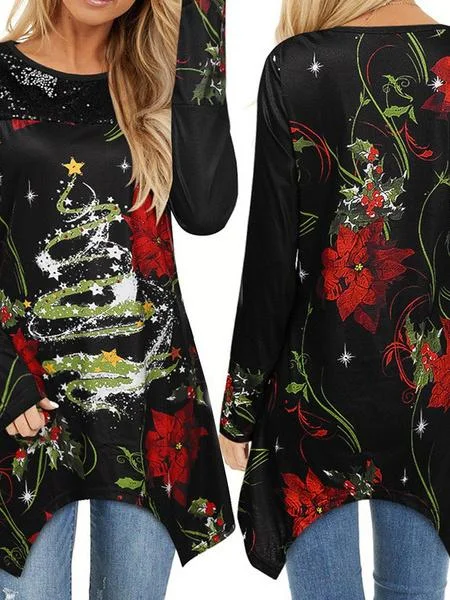 Women Long Sleeve Scoop Neck Printed Polka Dot Top Dress