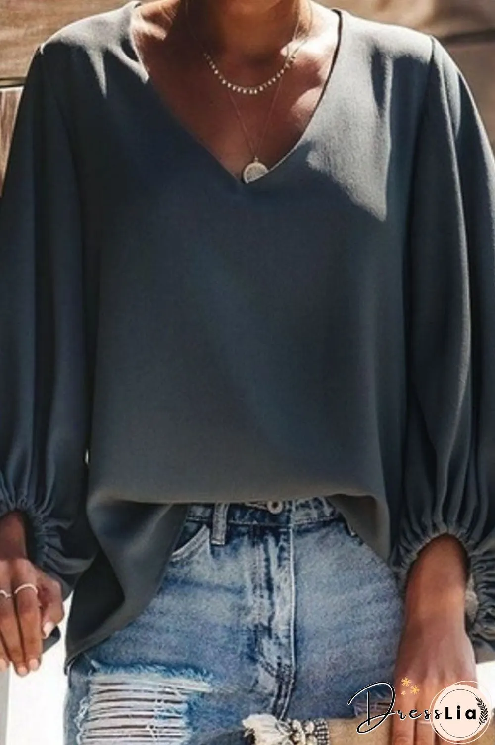 Plain V-neck Chiffon Blouse With Lantern Sleeves
