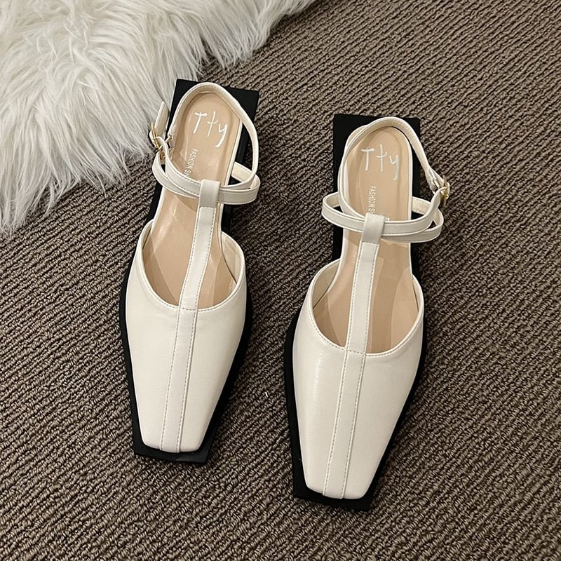 Square Toe Med Heels Mary Jane Shoes For Women Brand Design Ankle Strap Slingback Pumps Woman Soft Sole Green Party Shoes